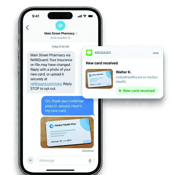 A patient texting a photo of their new insurance card to the pharmacy through RefillGuard
