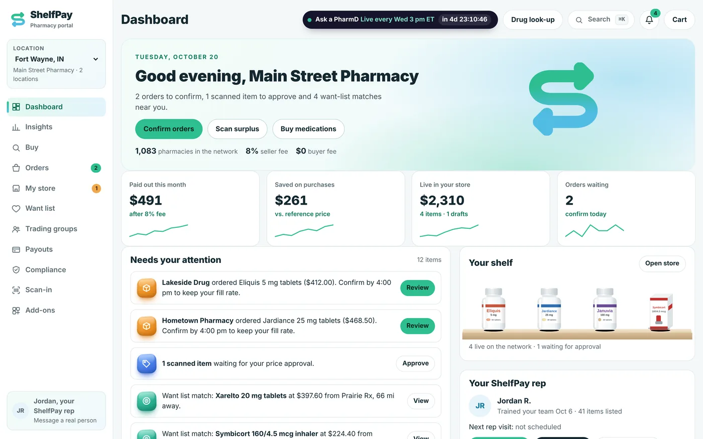 ShelfPay pharmacy portal dashboard